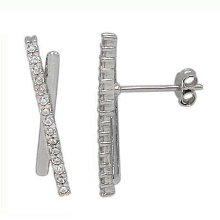 Sterling Silver Criss-cross Bar Stud Earrings w/CZs - Click Image to Close